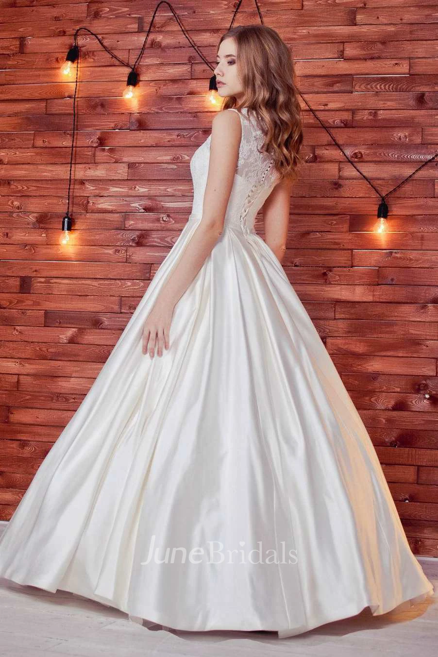 Bateau Sleeveless A-Line Satin Lace Wedding Dress With Corset Back
