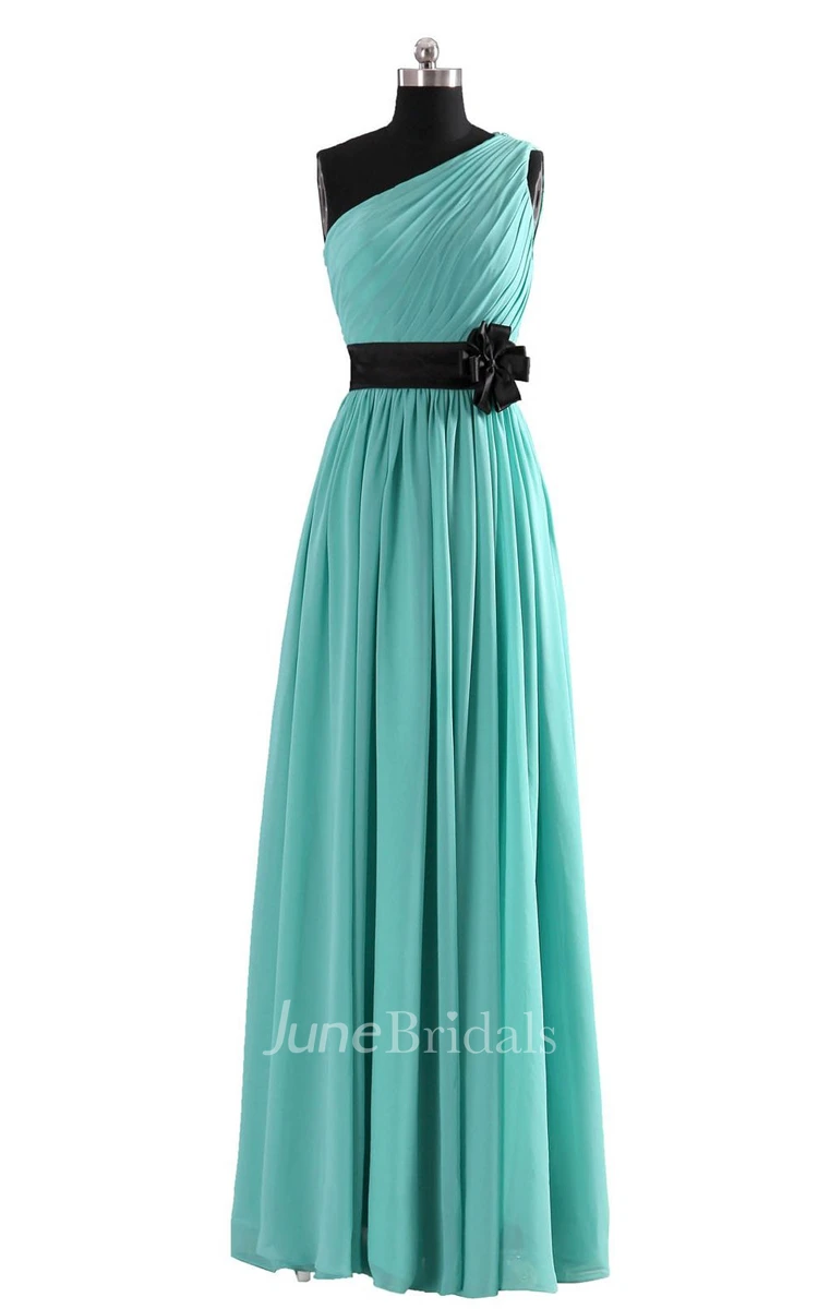 High-neck A-line Chiffon Dress With Satin Sash and Bow