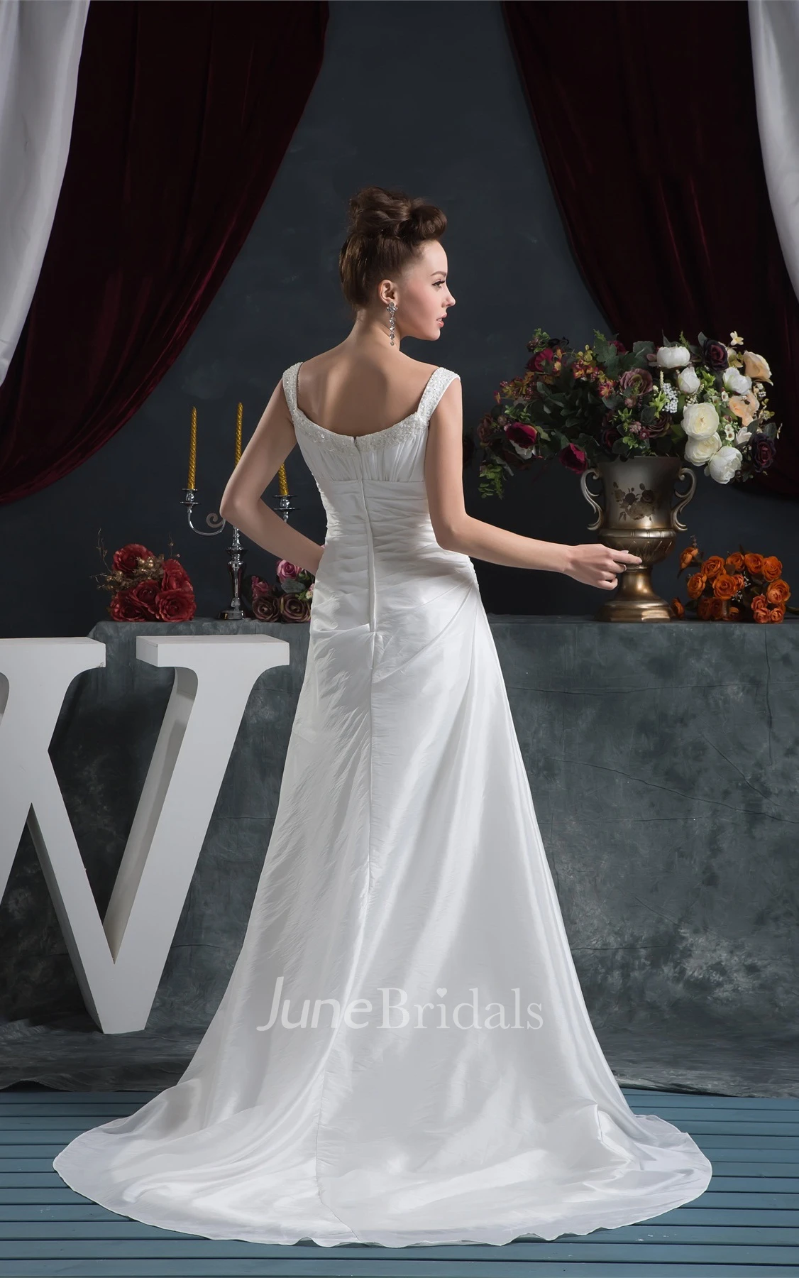 Strapped Ruched Taffeta A-Line Dress with Crystal Detailing