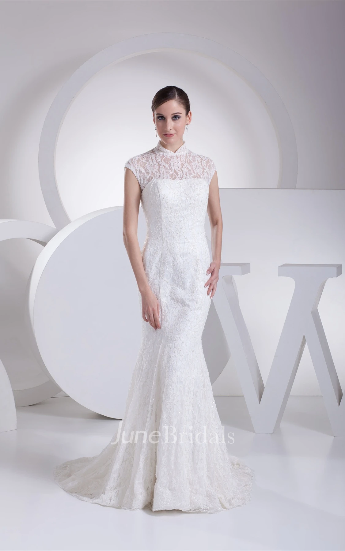Lace Mermaid Pleated Dress with Illusion Neckline and Brush Train