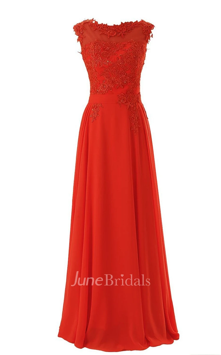 Cap-sleeve Bateau Neck A-line Gown With Lace Appliques