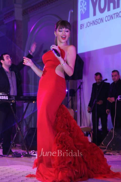 Attractive Red Mermaid Ruffles Evening Dress Court Train Sleeveless