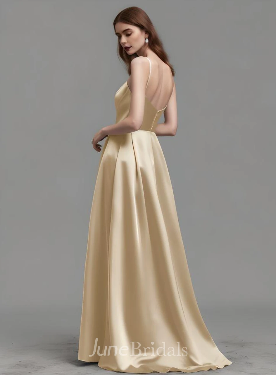 Casual A Line Spaghetti Satin Sleeveless Evening Dress Simple Sexy Ethereal Modern Floor-length Open Back
