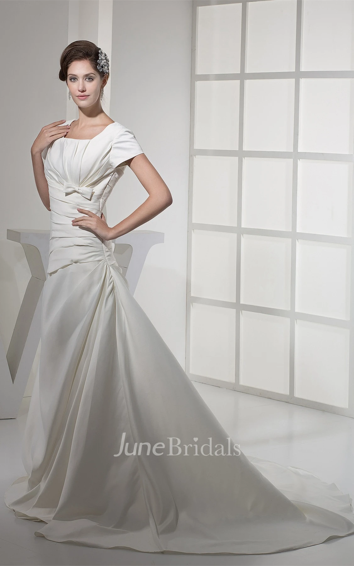 Square-Neck Caped-Sleeve A-Line Gown with Ruching and Bow