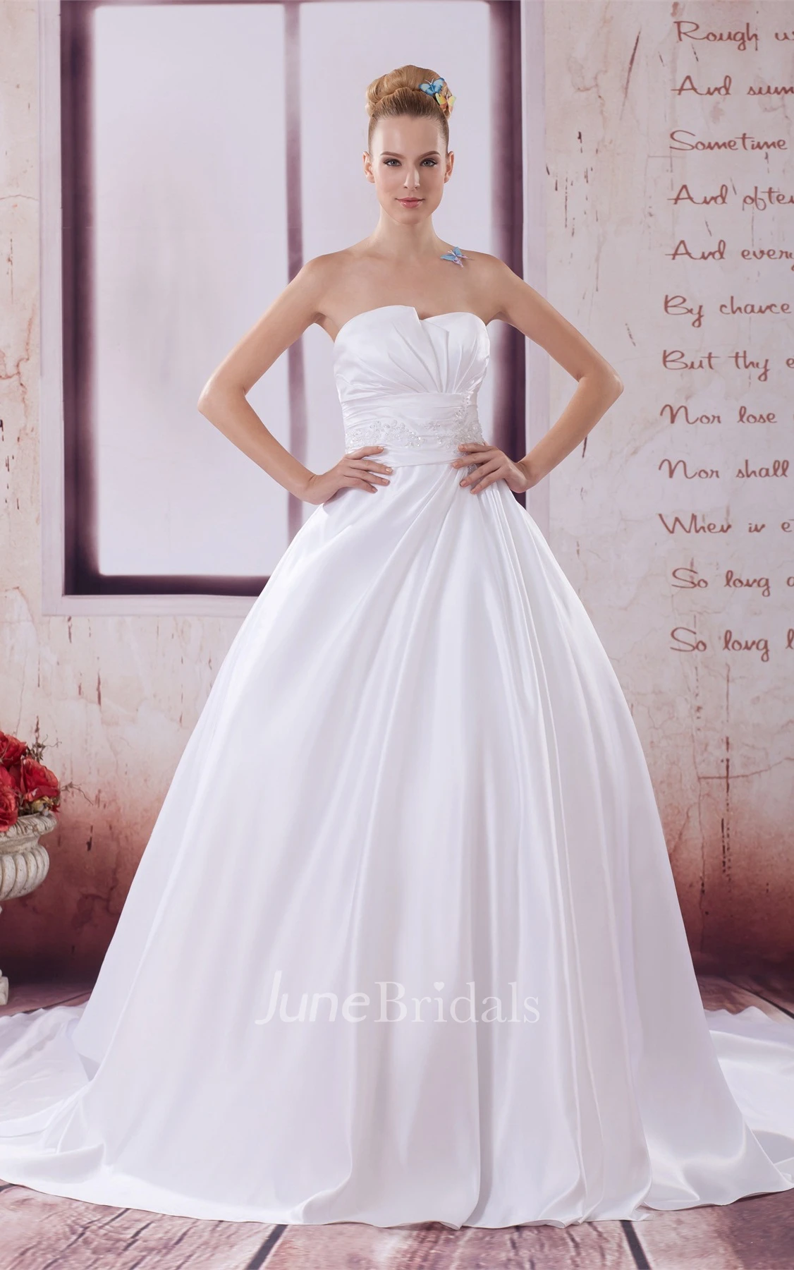 Strapless Ruched A-Line Ball Gown with Pleats and Jeweled Waist