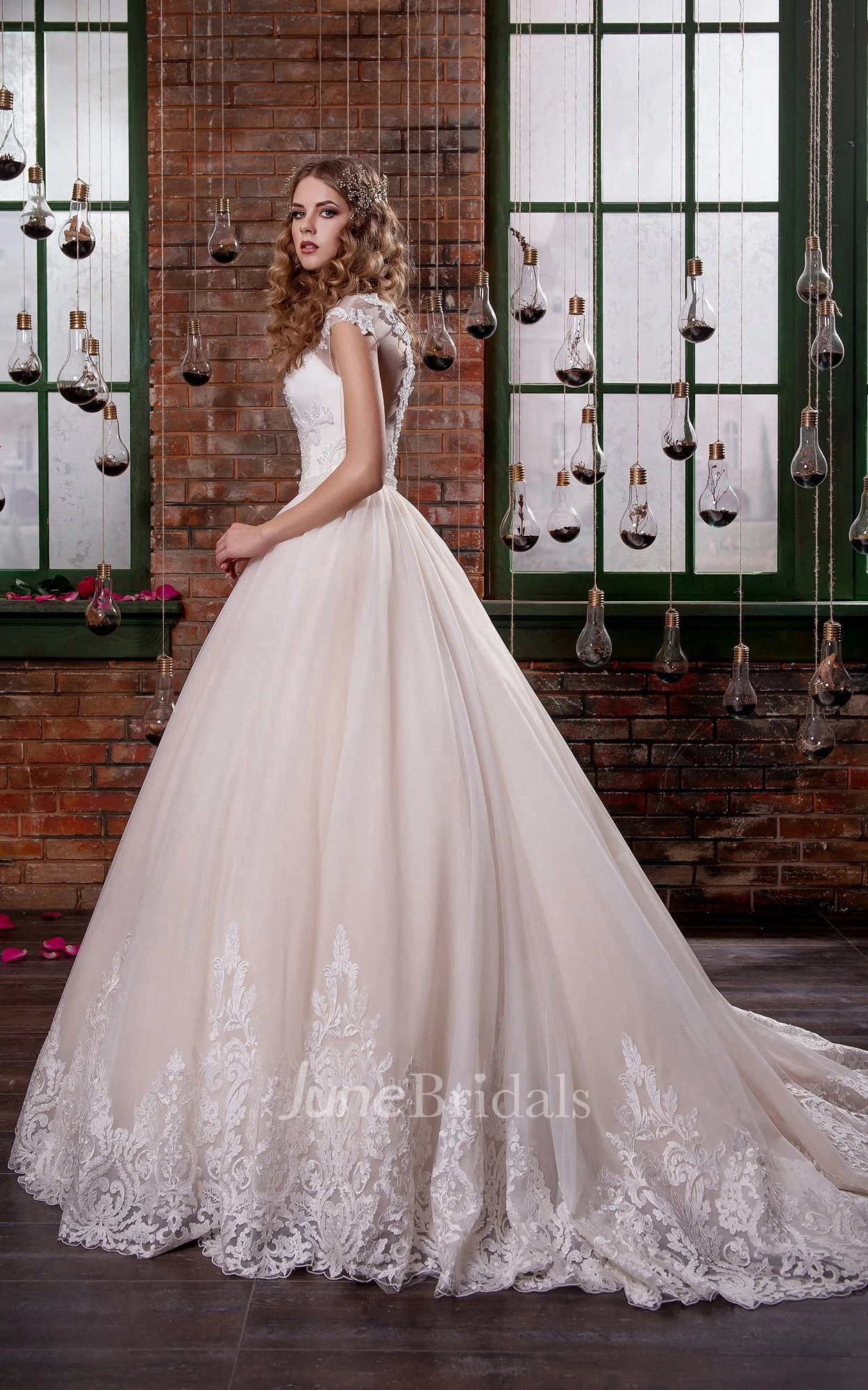 Ball Gown Long Scoop Short-Sleeve Illusion Tulle Dress With Appliques And Draping