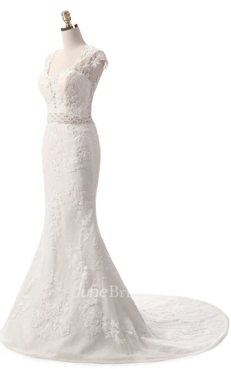 Trumpet Cap Sleeve Tulle Lace Dress With Beading Illusion Button