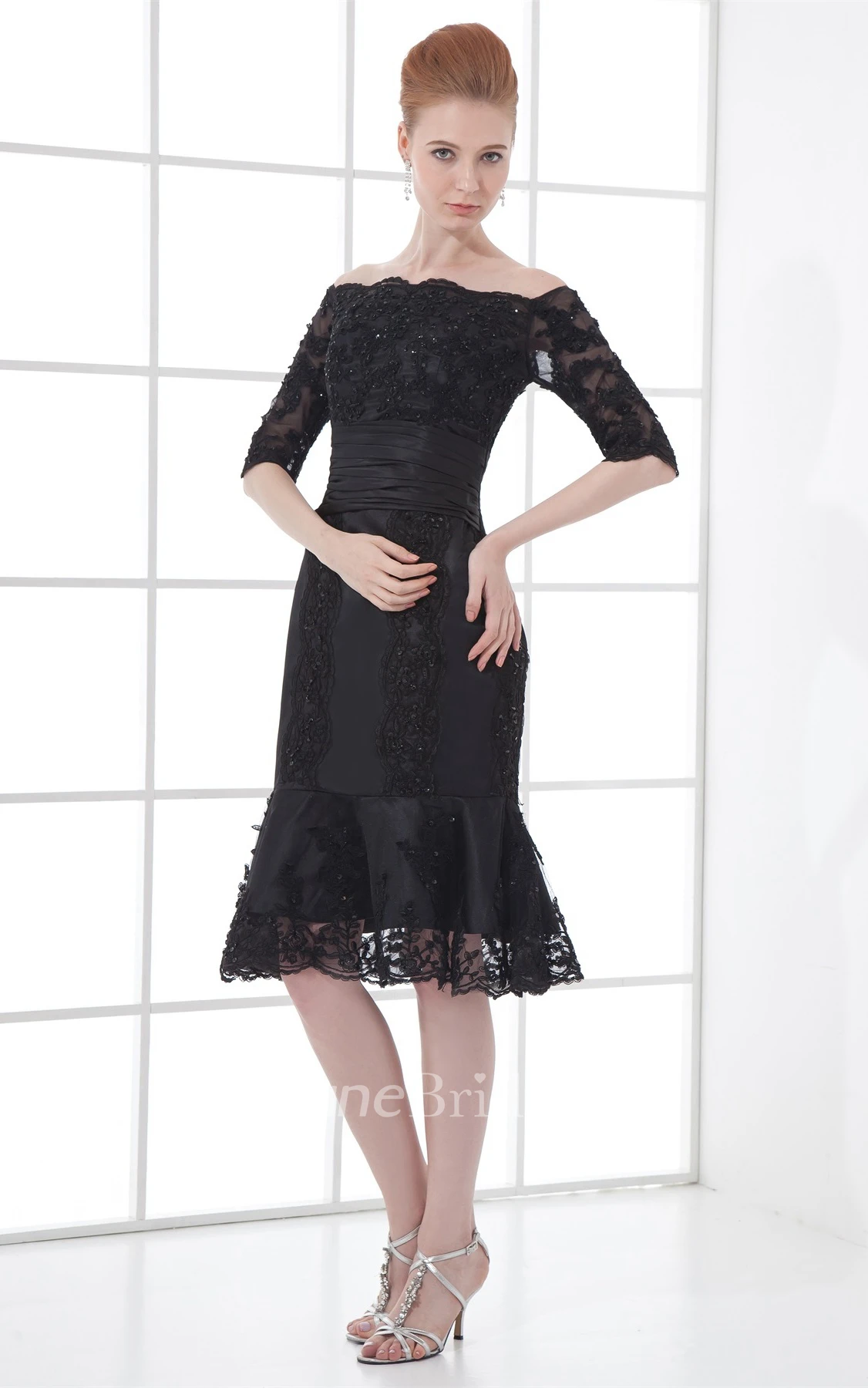 off-the-shoulder midi mermaid lace dress with beading