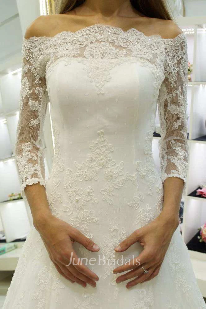 Off-The-Shoulder Long Sleeve Satin Beaded Lace Wedding Dress