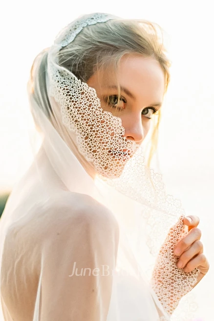 Vintage Style Long Tulle Wedding Veil with Lace Edge
