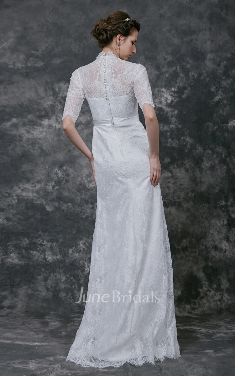 Gorgeous Long Sleeve Pleated Long Lace Dress With High Neck