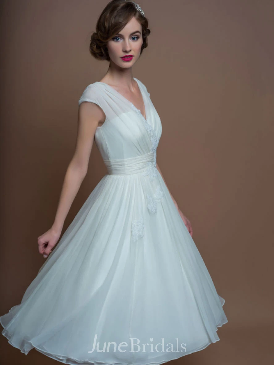 A-Line V-Neck Tea-Length Cap-Sleeve Appliqued Tulle Wedding Dress With Ruching