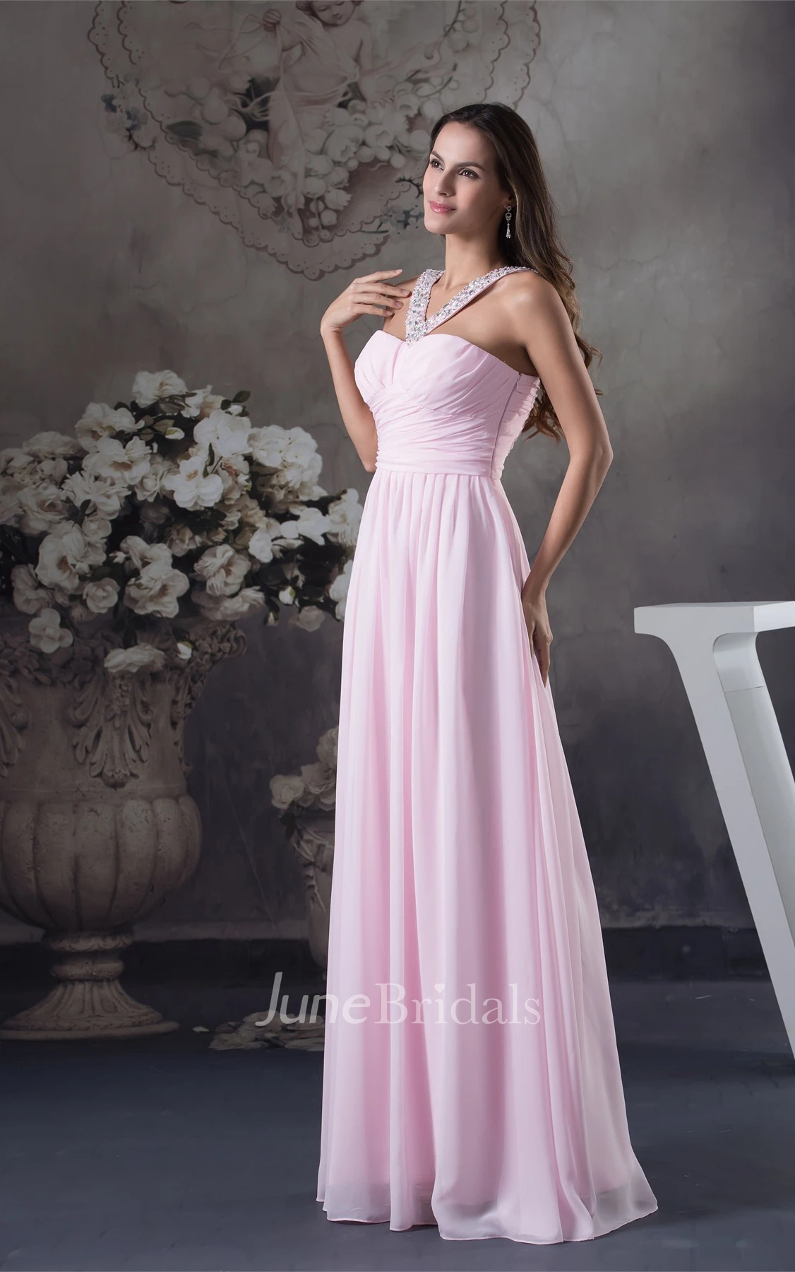 Pastel Criss-Cross Chiffon Long Dress with Pleats and Beading