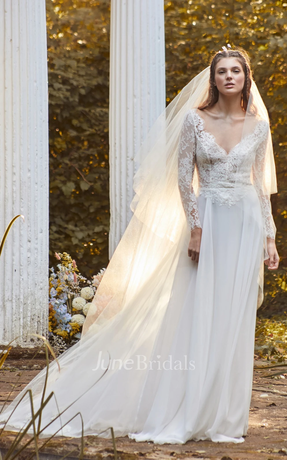 Cap Sleeve Plunging Neck Lace Chiffon Wedding Dress With Appliques And  Illusion Back - June Bridals