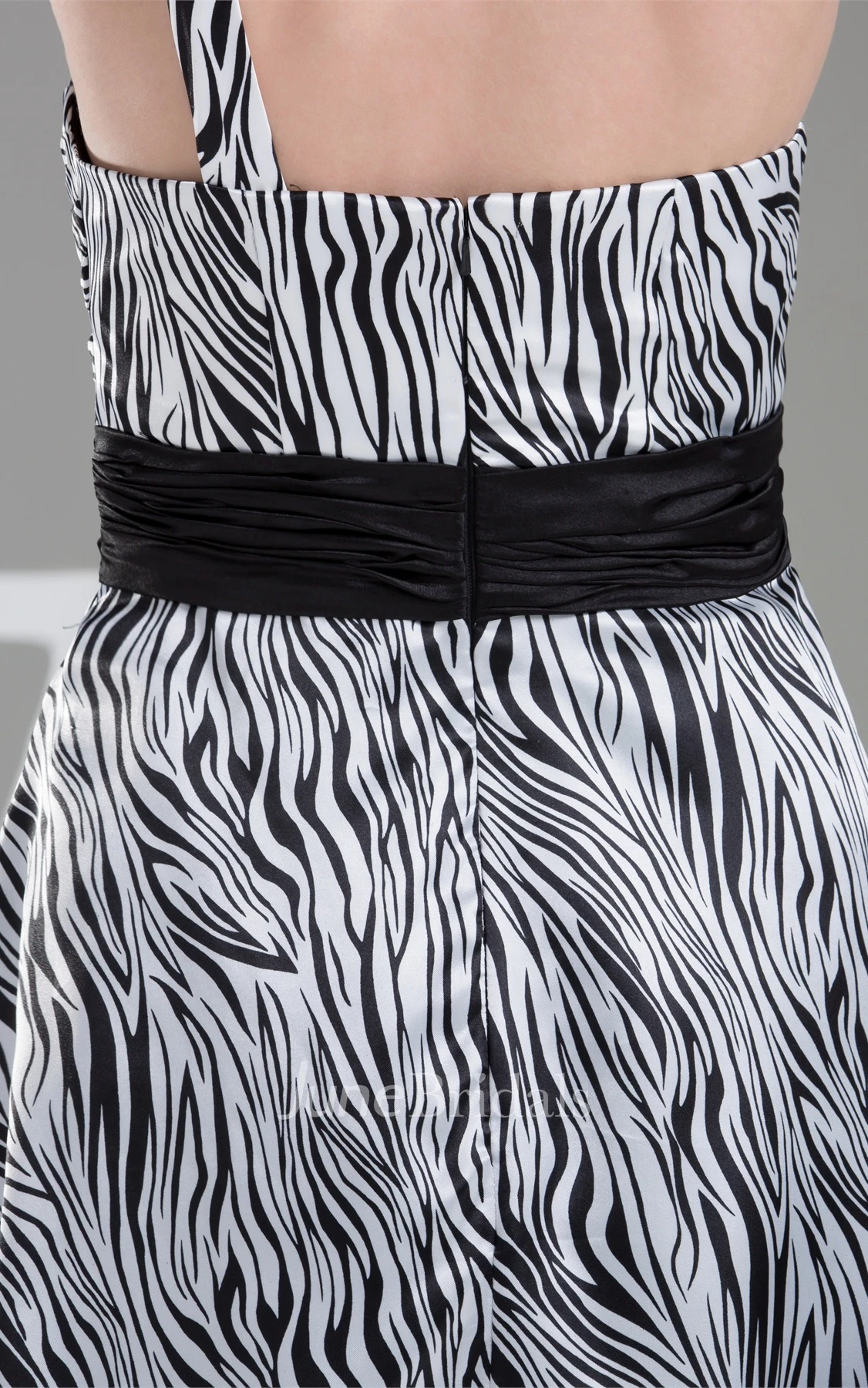 Ruched One-Shoulder A-Line Mini-Length Gown with Bowed Sash