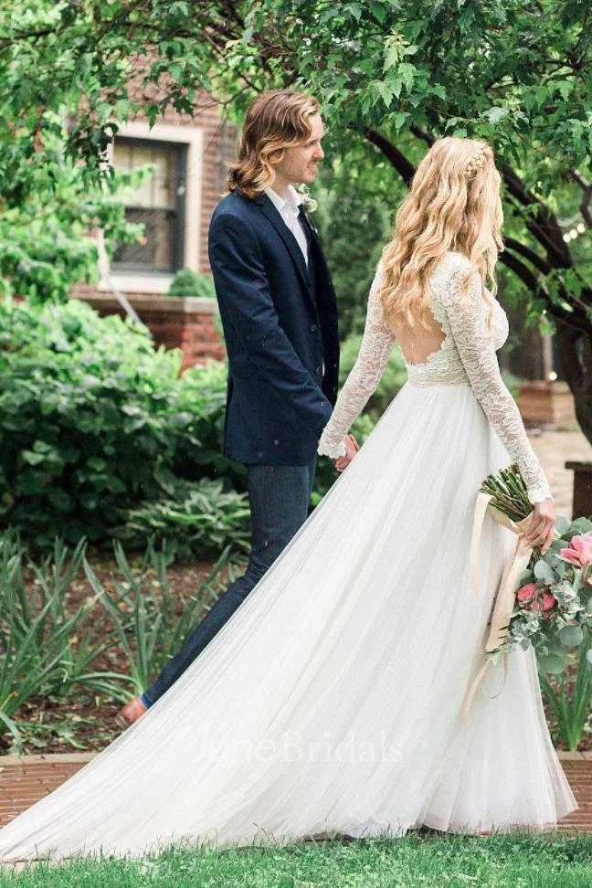 Long Sleeve Chiffon Tulle Lace Wedding Dress
