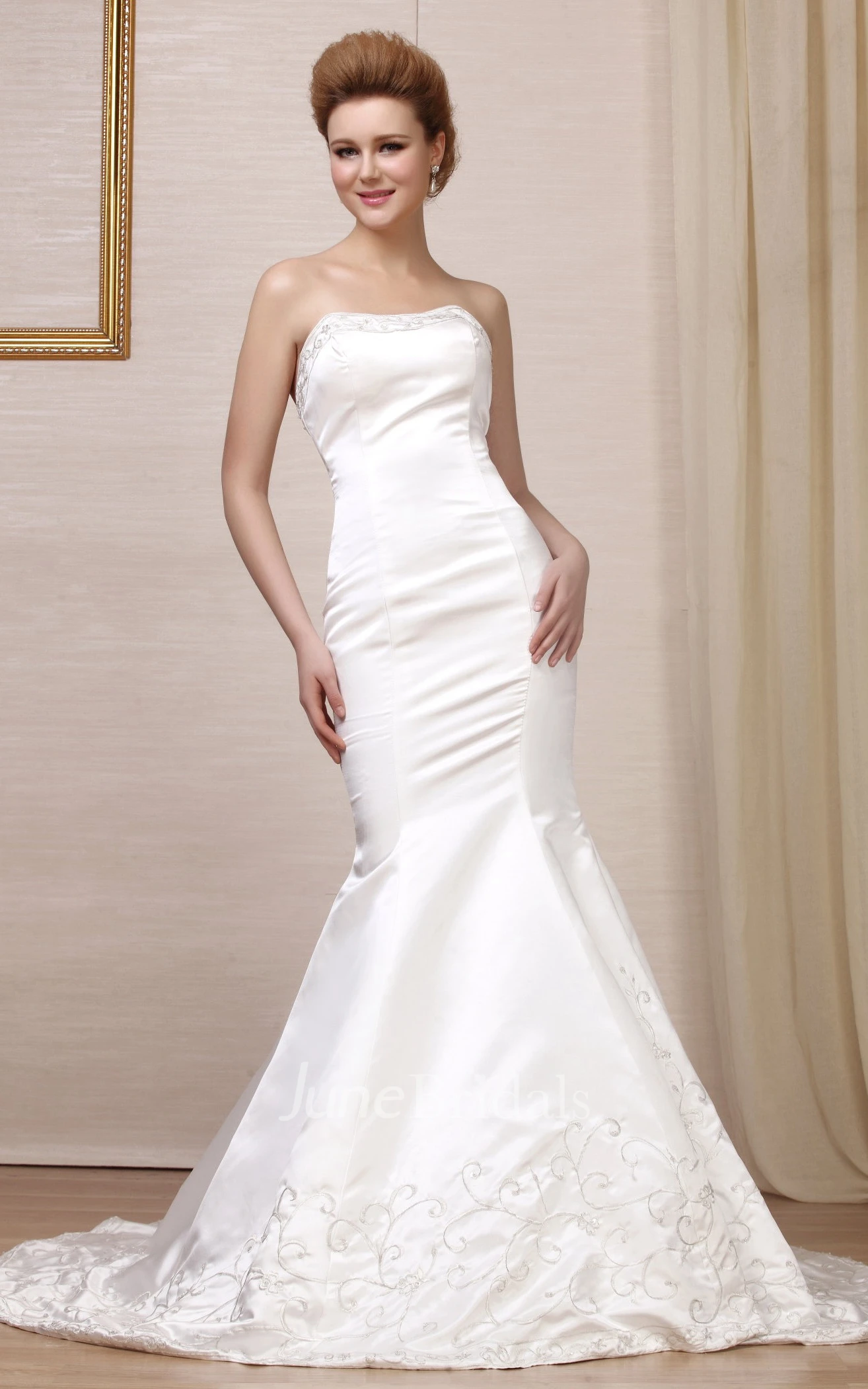 Strapless Mermaid Satin Gown With Embroideries