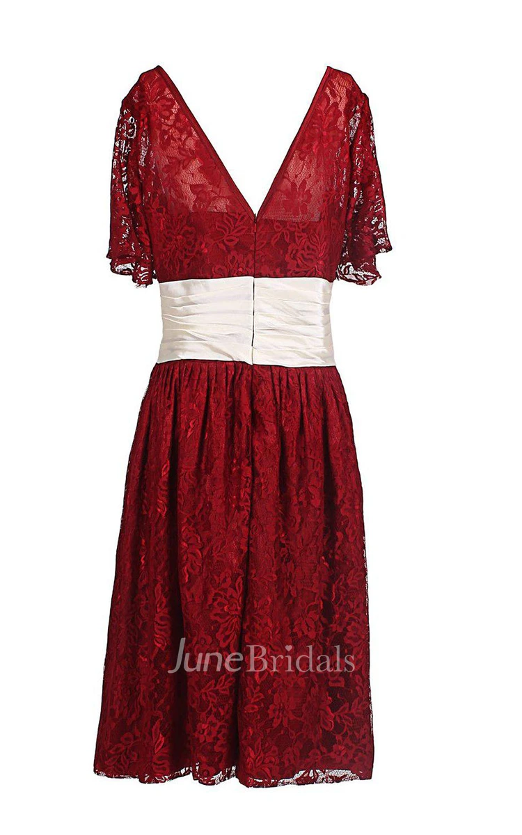 Half-sleeved A-line Lace Dress With Ruched Waist