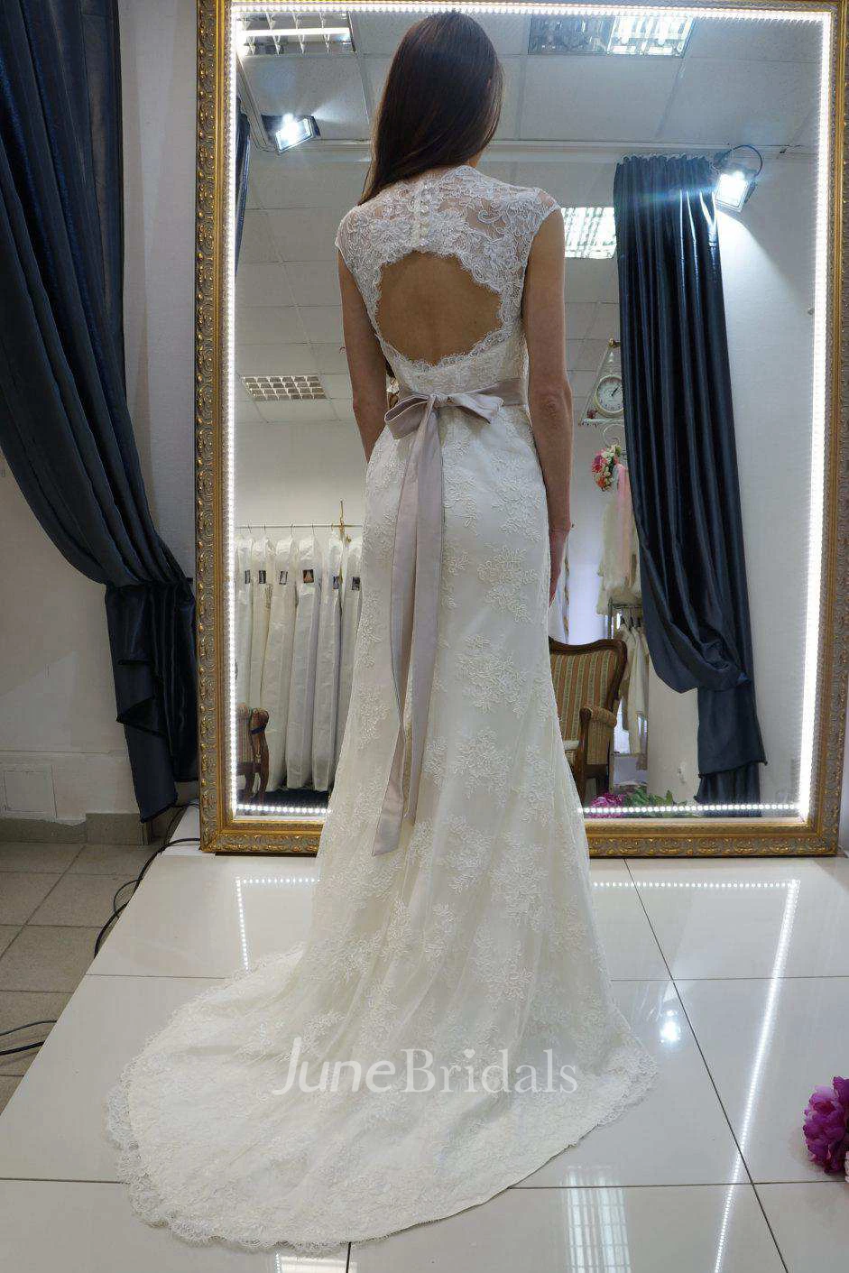 Queen Anne Lace Appliqued Sheath Wedding Dress With Floral Waist