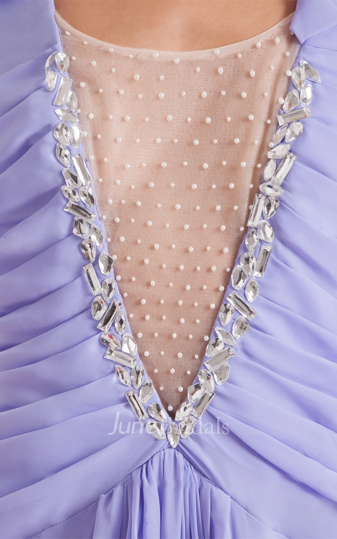 Plunged Caped-Sleeve Chiffon Maxi Dress with Illusion and Pleats