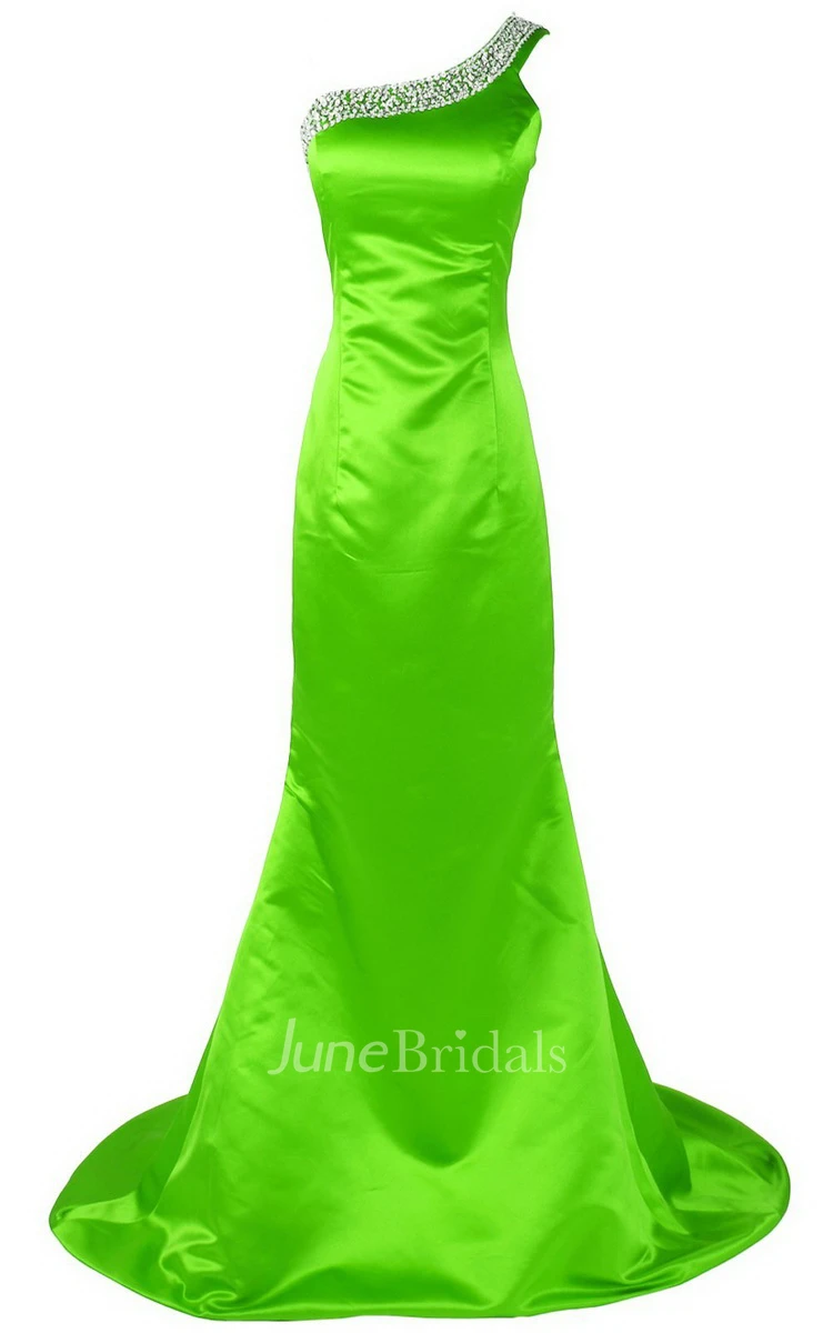 One-shoulder Long Satin Dress With Beaded Neckline