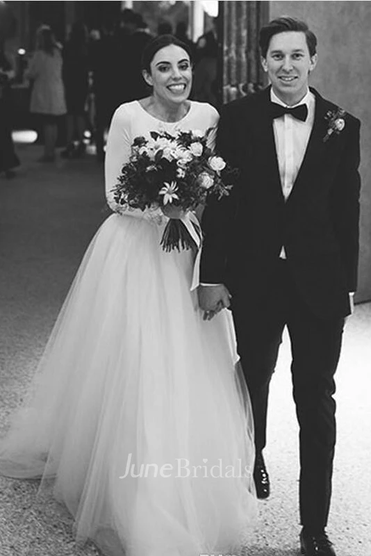 Elegant Long Sleeve Fitted Modest Jersey And Tulle Wedding Dress