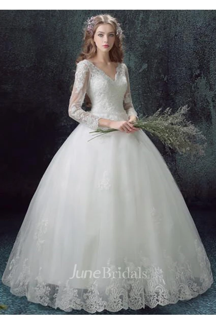 Romantic Lace Tulle Ball Gown Wedding Dress 3 4-Long Sleeve