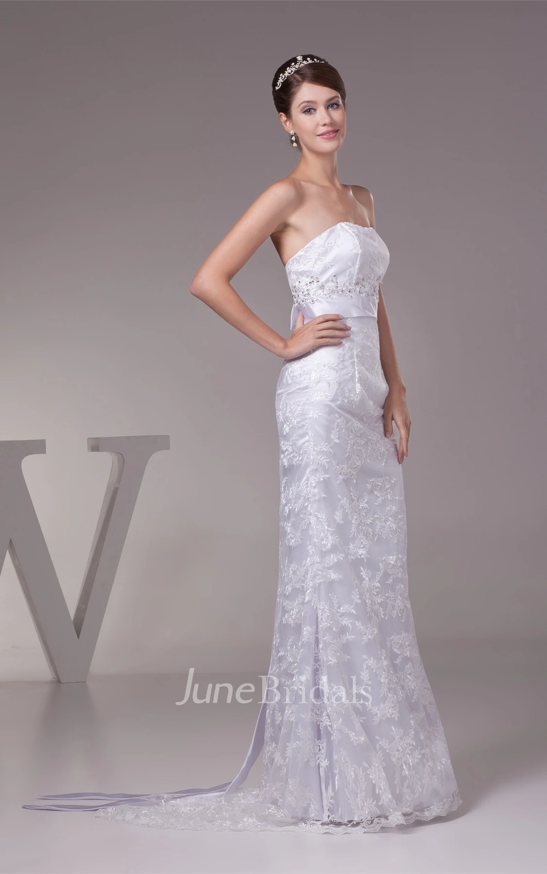 Strapless Maxi Sheath Dress with Embroideries and Beaded Waist