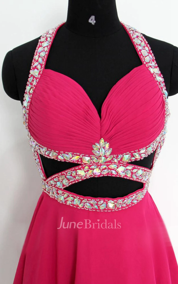 Short Halter Chiffon Dress With Beading And Open Back