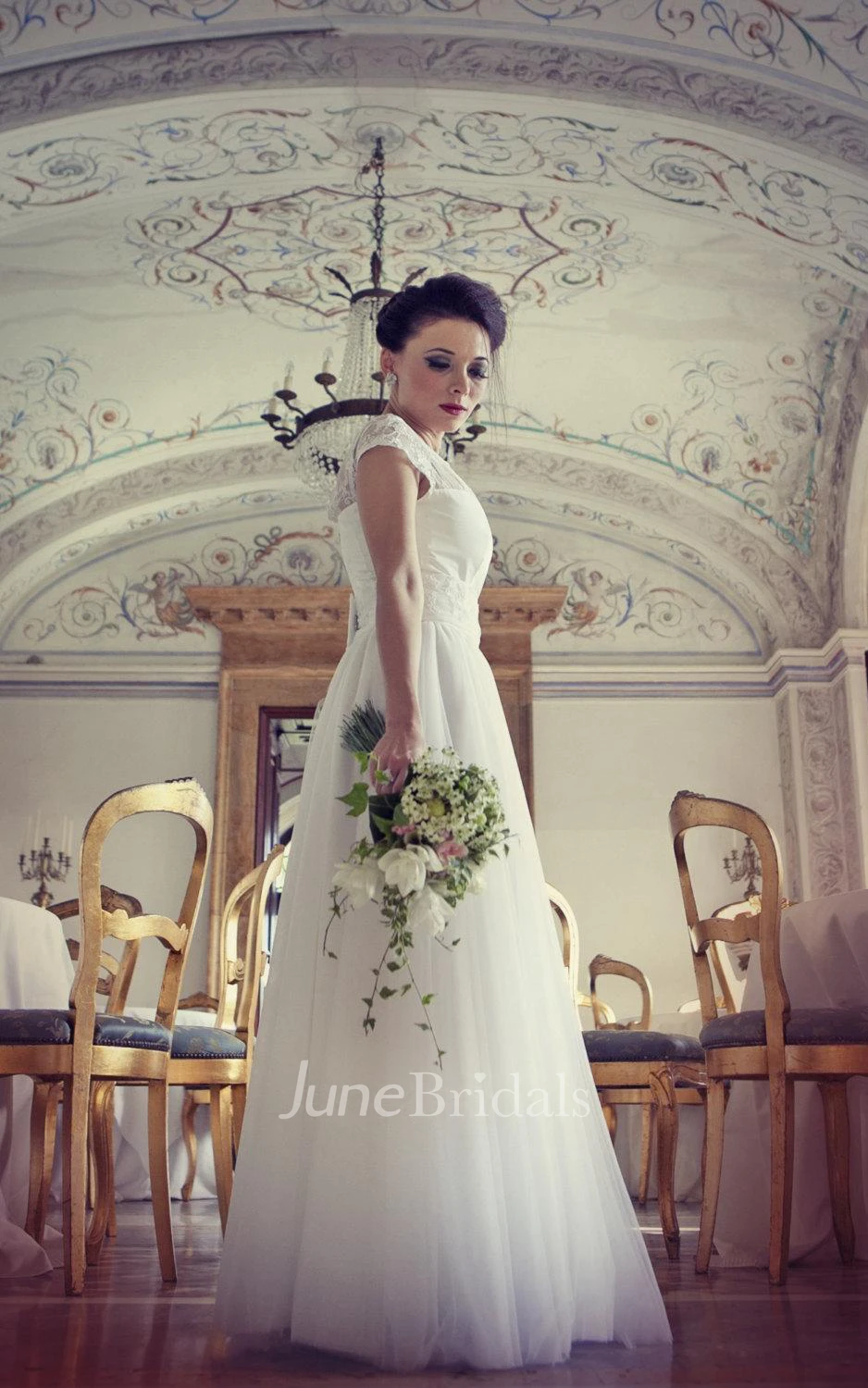 Bateau Cap Sleeve Long Tulle Wedding Dress With Sash And Sequins