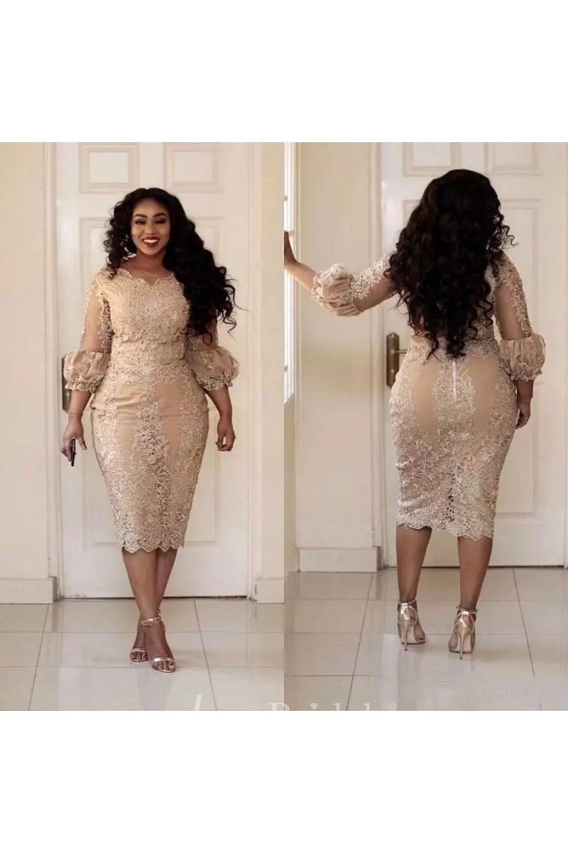 Scalloped Lace Vintage Bodycon Sexy Plus Size Knee length 3 4 Length Sleeve Puff Balloon Dress June Bridals