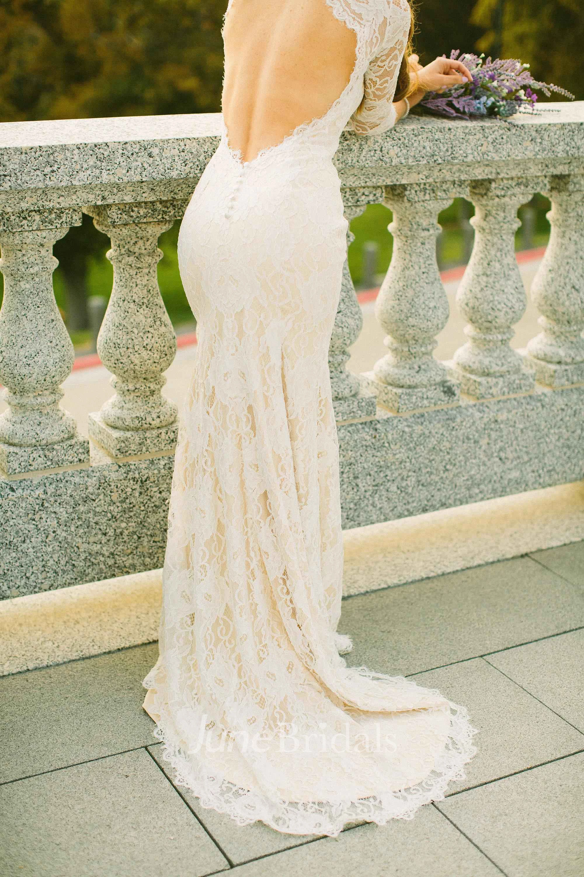 Mermaid Illusion Sleeve Satin Lace Button Zipper Keyhole Wedding Dress