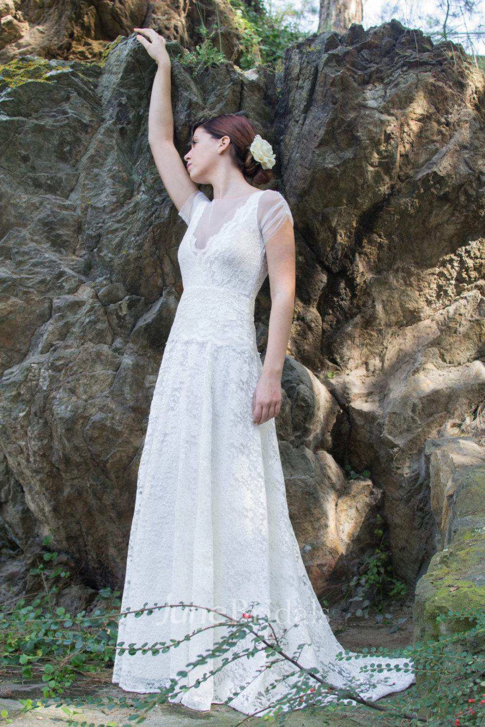 Boho Illusion V-Neck Lace Floor-Length Wedding Dress With Sweep Train