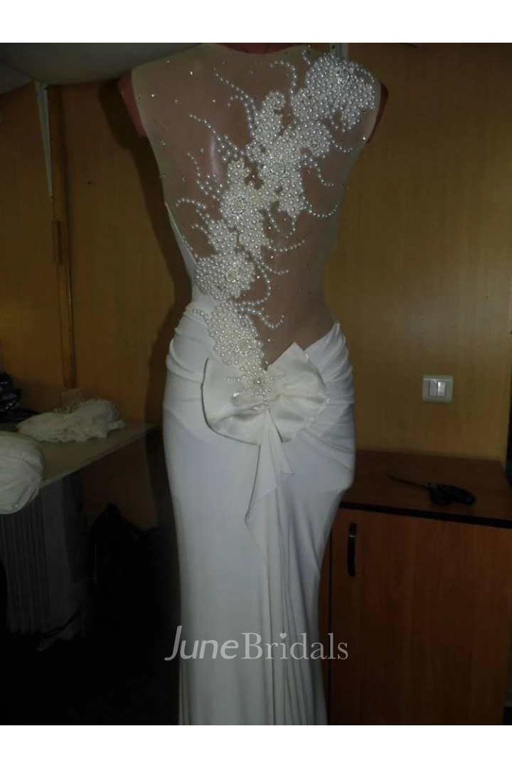 Sexy Illusion Bow Princess Wedding Dresses Pearl Embellished Bridal Gowns