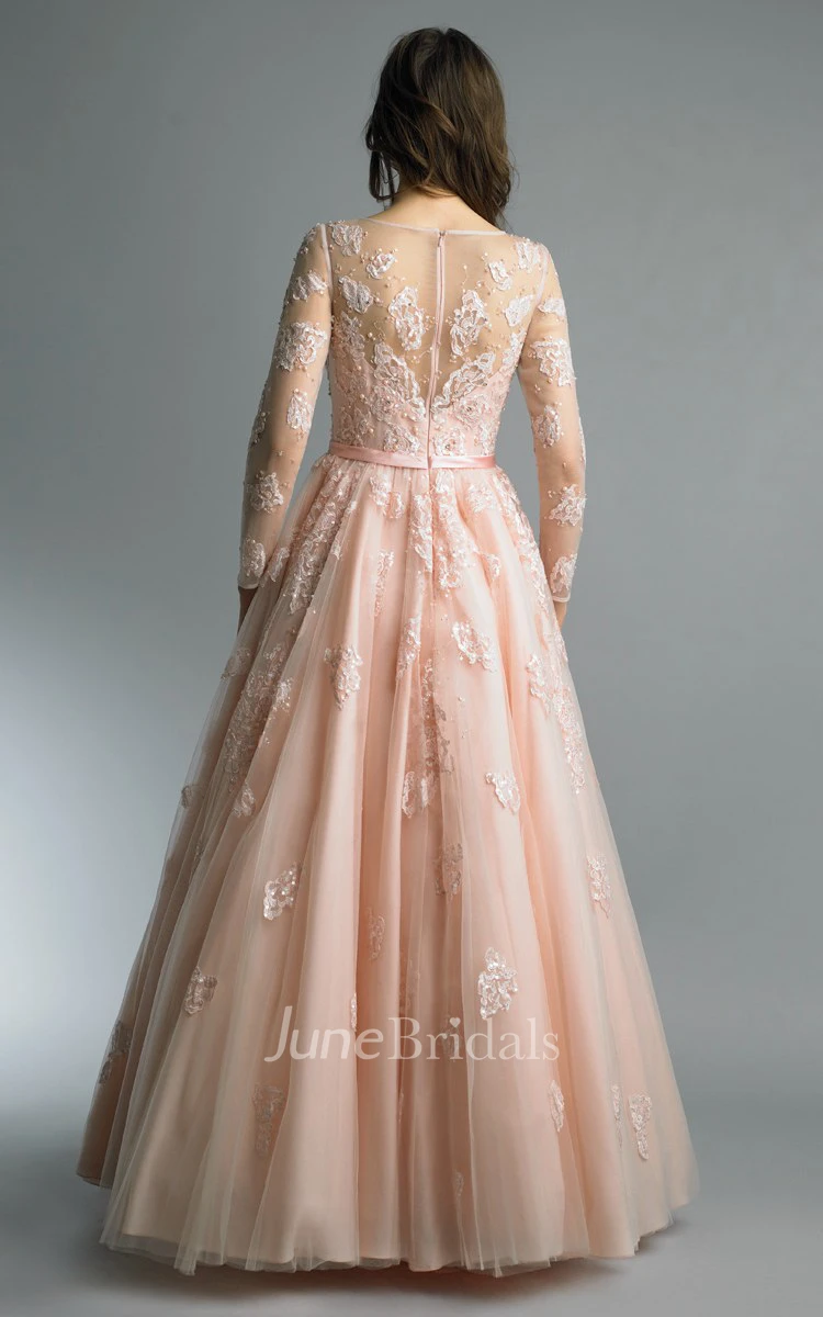 High-Neckline Tulle Floor-Length A-Line Zipper Long-Sleeve Dress