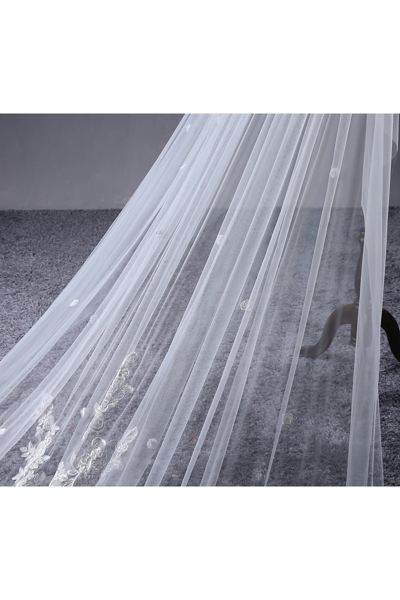 Ethereal Long Tulle Wedding Veil with Lace and Flower Appliques