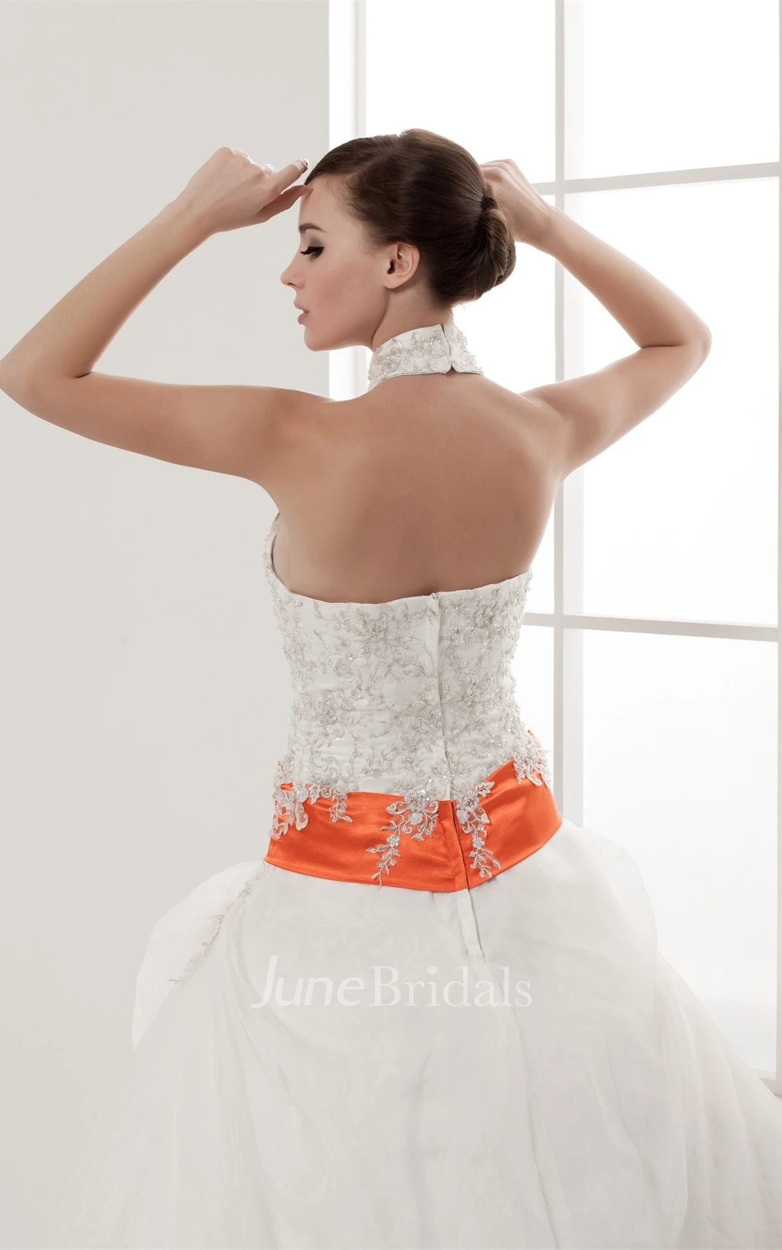 Sleeveless A-Line Pick-Up Gown with Collar and Appliques