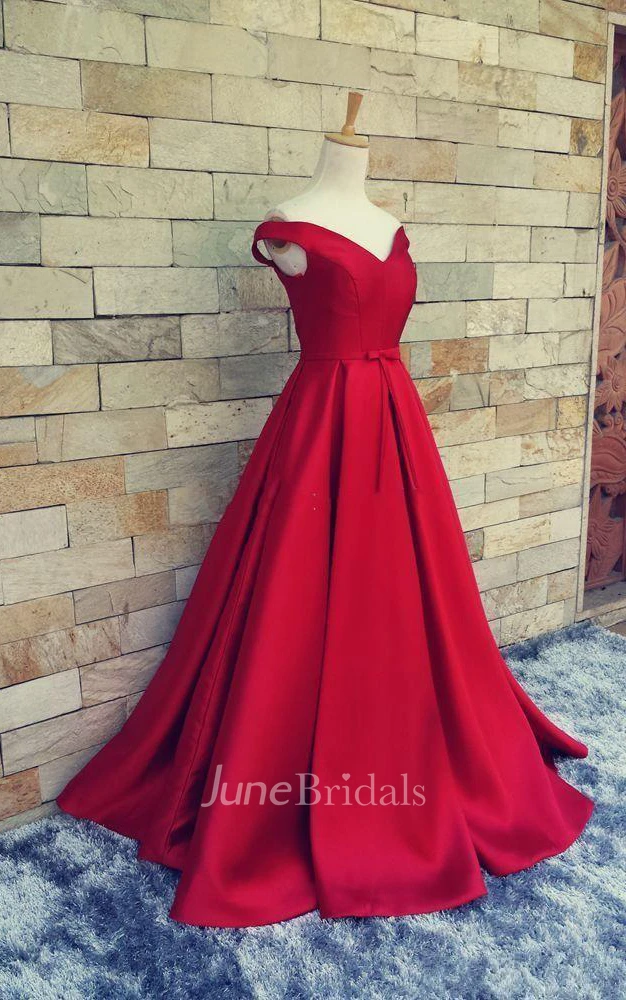 Off-shoulder Long A-line Satin Wedding Dress With Pleats And Lace-up Back