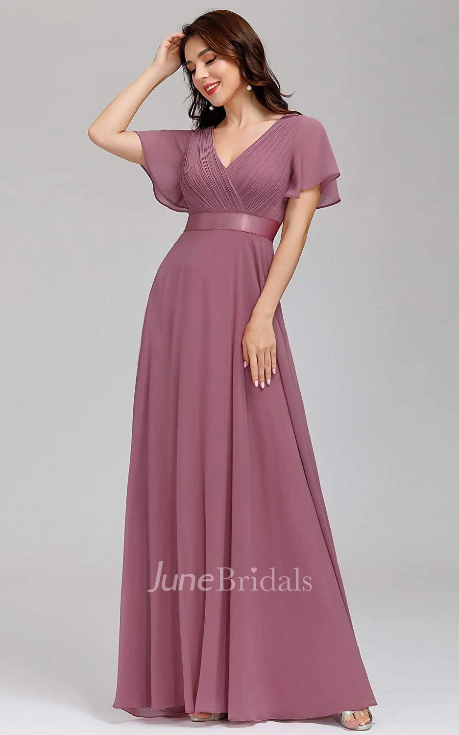 A Line V-neck Chiffon Short Sleeve Formal Mother Dress With Ruffles