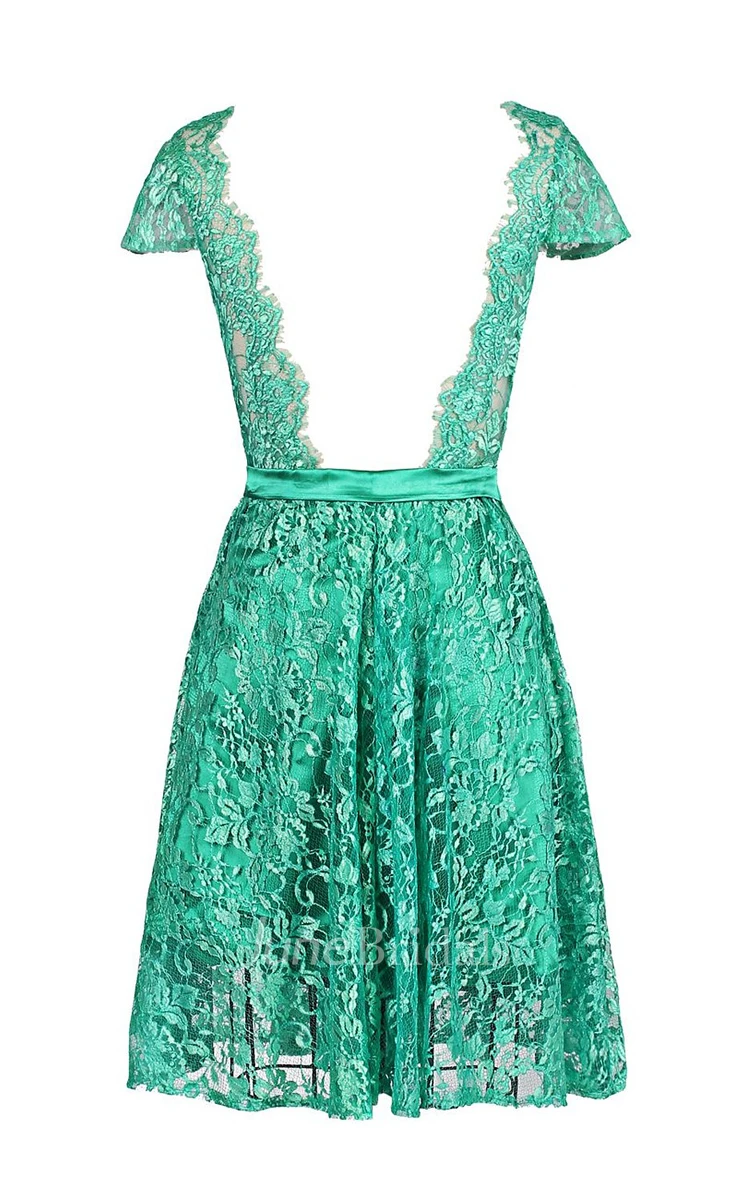 V-neckline A-line Dress With Lace Bodice and Belt