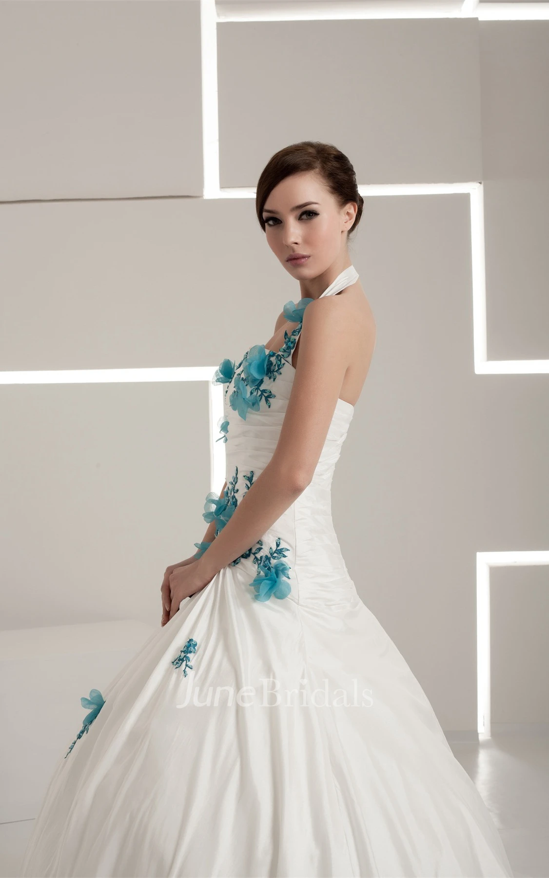 Haltered A-Line Appliqued Gown with Flower and Ruching