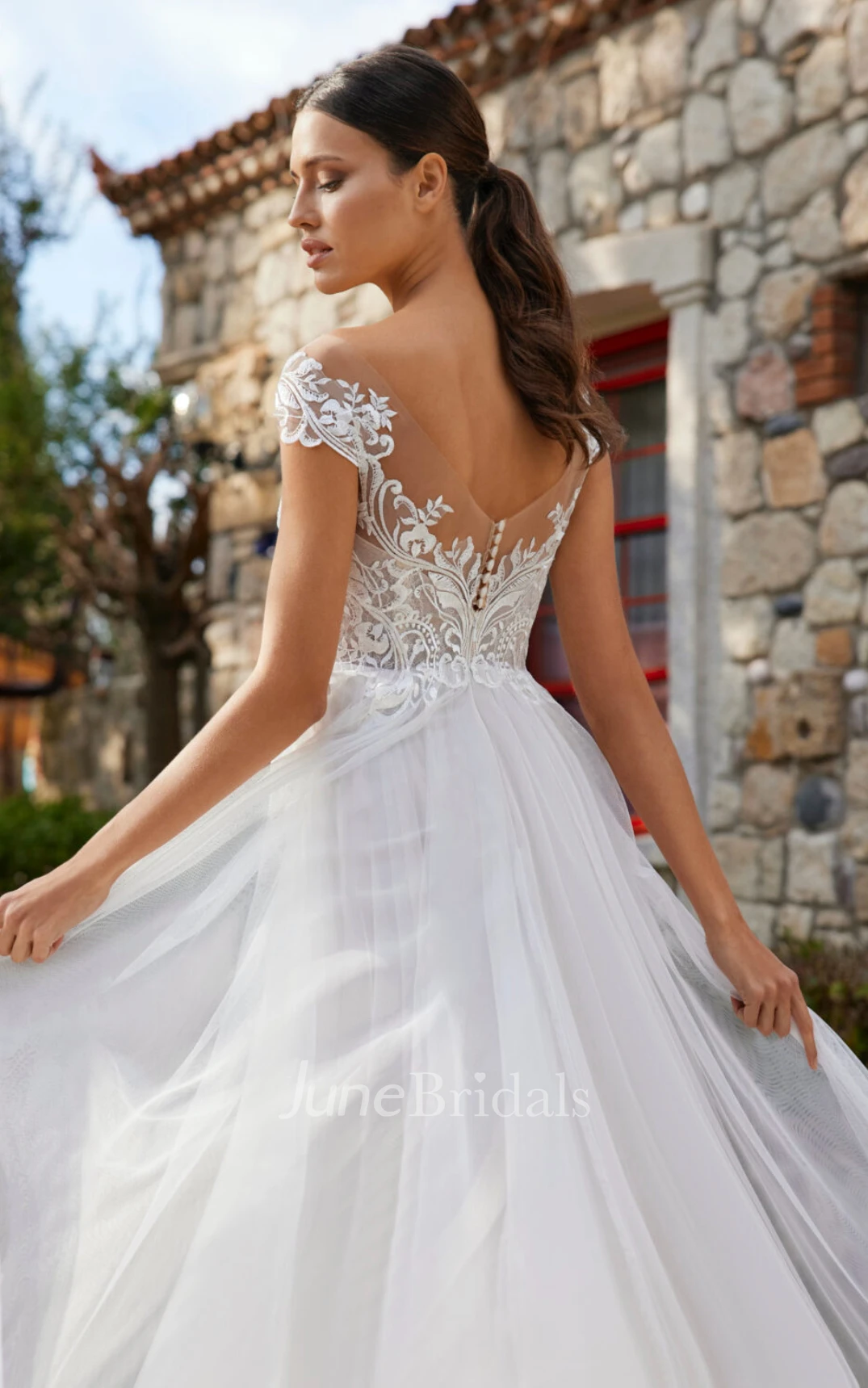Simple A-Line Lace V-neck Chiffon Spring Wedding Dress With Deep-V Back And Cap Sleeves