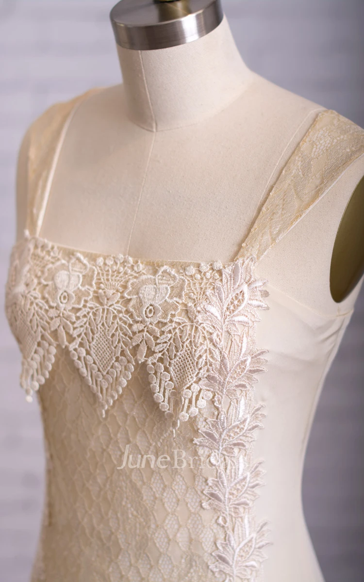 Noble Sleeveless Lace-up Back Square Neckline Long Lace Dress With Illusion Cape