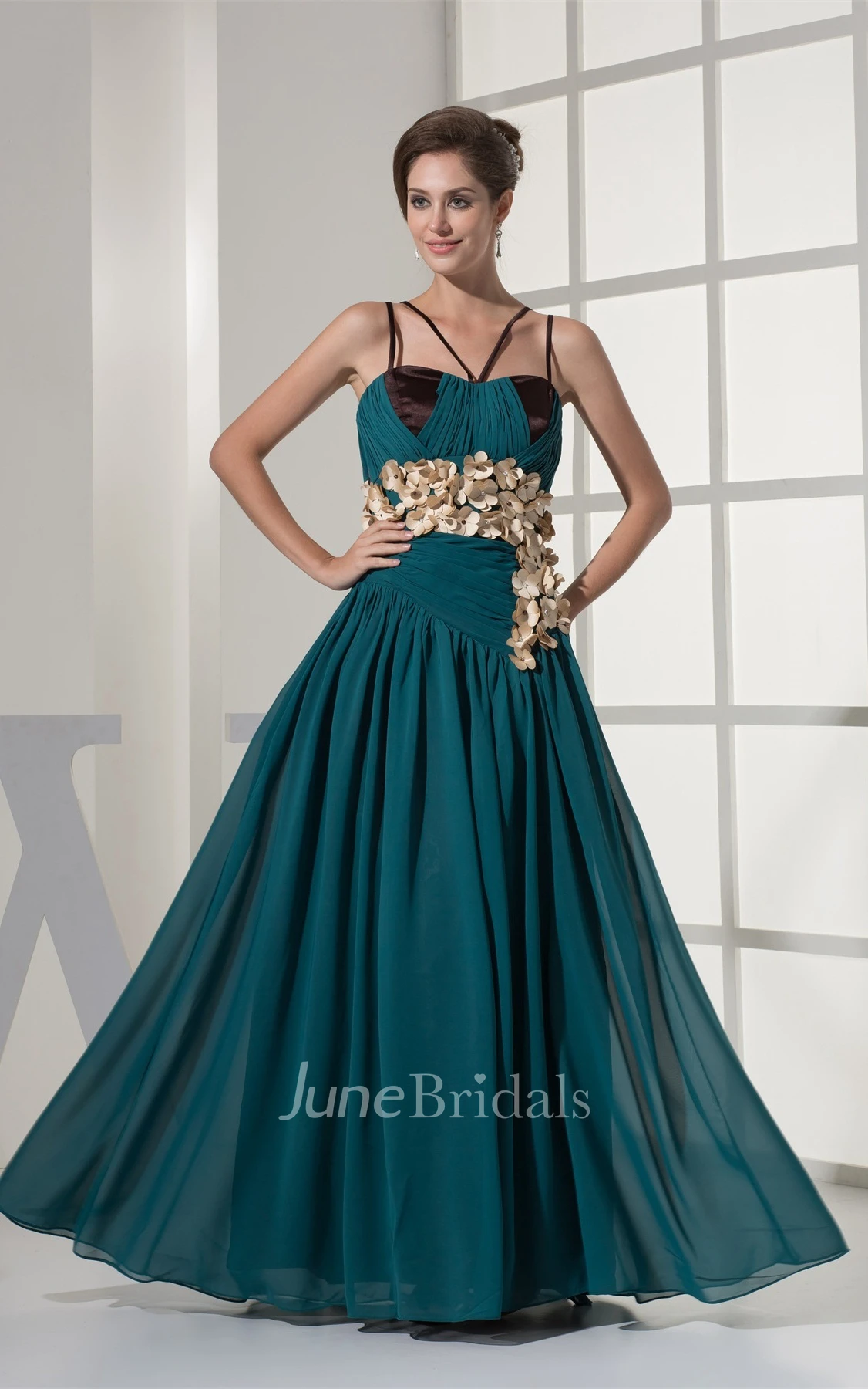 Spaghetti-Straps Pleated Long Dress with Floral Waist