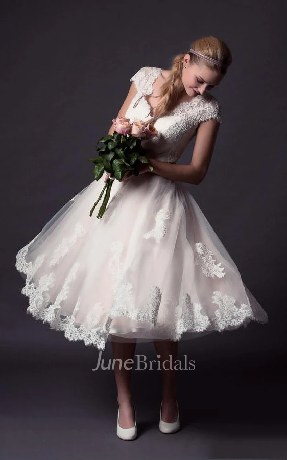 A-Line Mini V-Neck Bell Cap Appliques Button Tulle Lace Dress