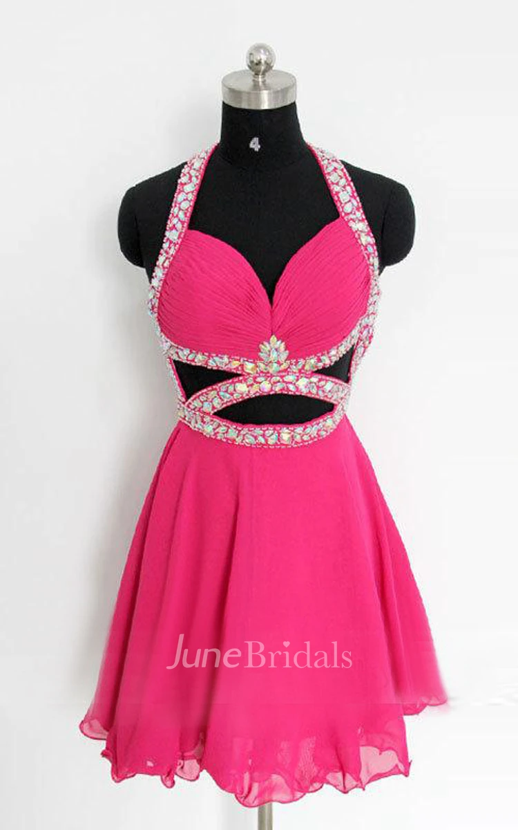 Short Halter Chiffon Dress With Beading And Open Back