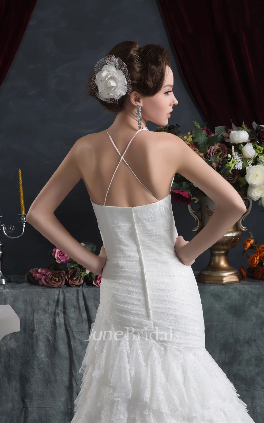 Sleeveless Mermaid Ruched Dress with Appliques and Cascading Ruffles