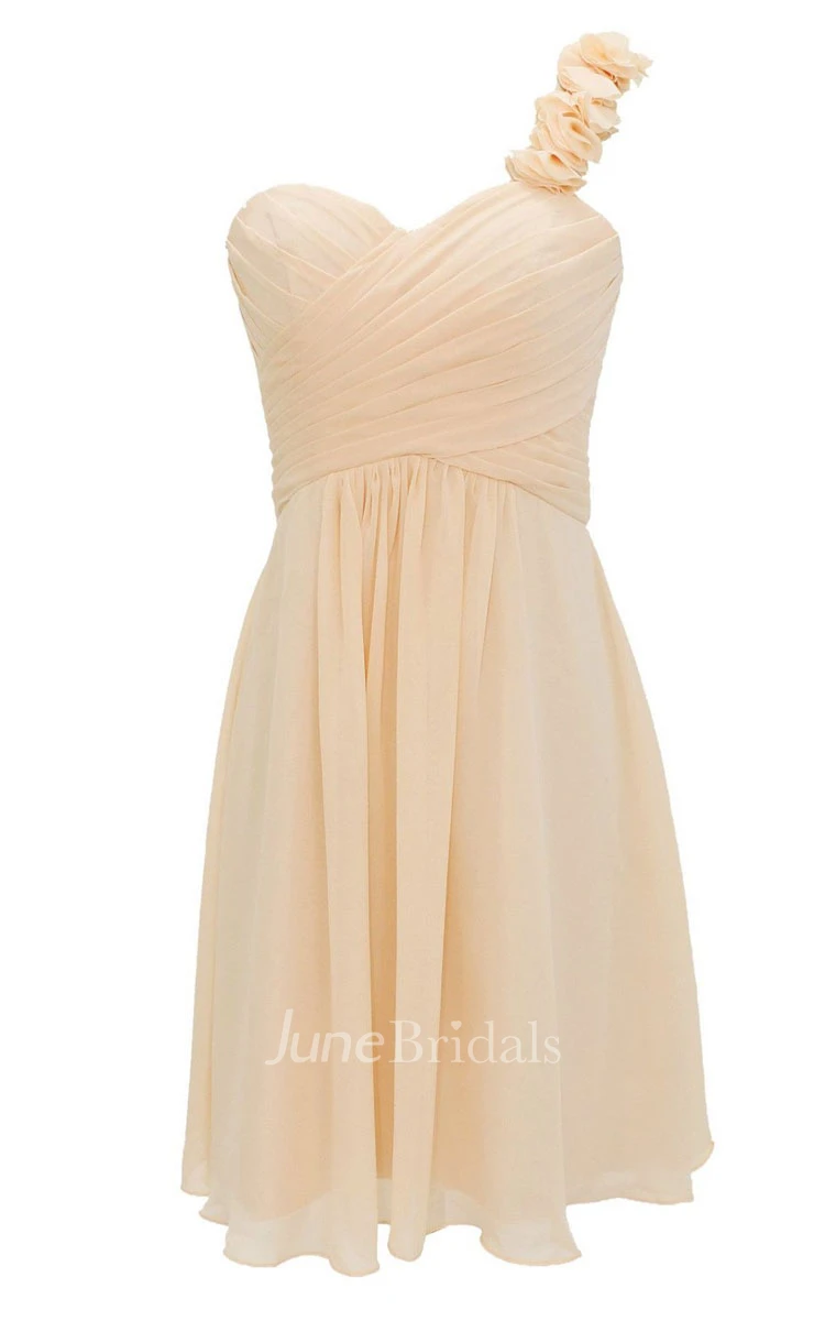 Floral One-shoulder Pleated Short Dress With Lace-up Back