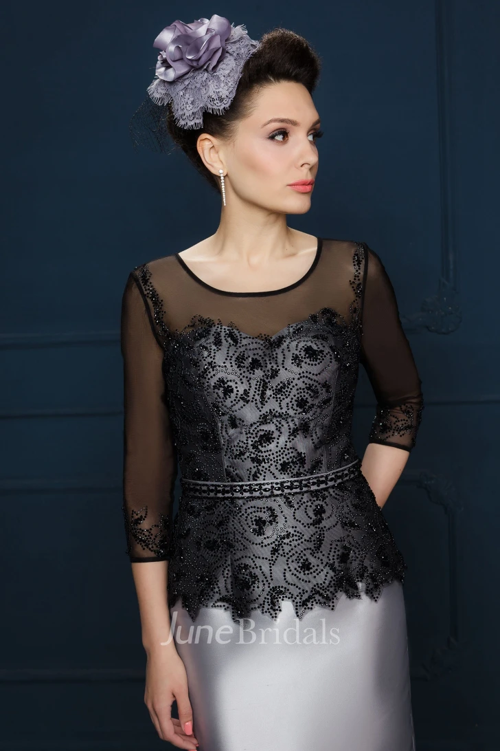 Illusion-Sleeve Midi-Length Pencil Satin Mother Of The Bride