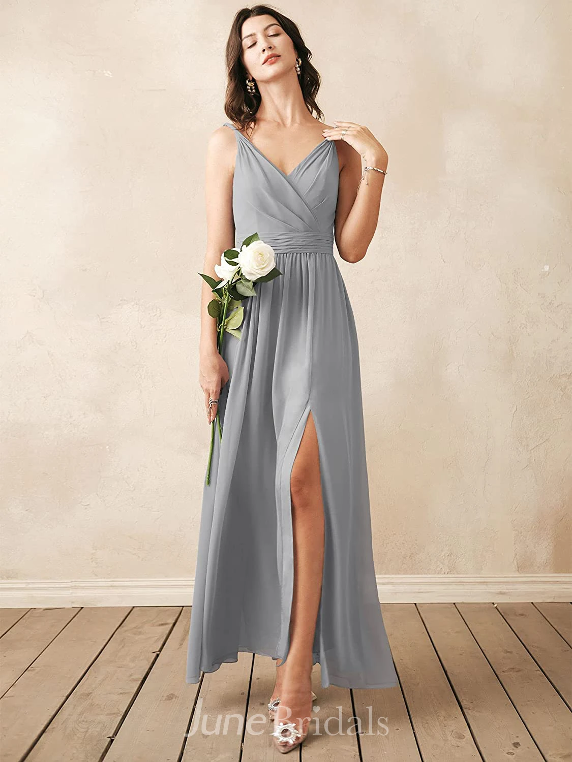 Modern A Line V-neck Chiffon Sleeveless Bridesmaid Dress with Split
